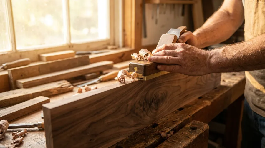 A woodworker hand-planing a walnut board in a New York millwork shop