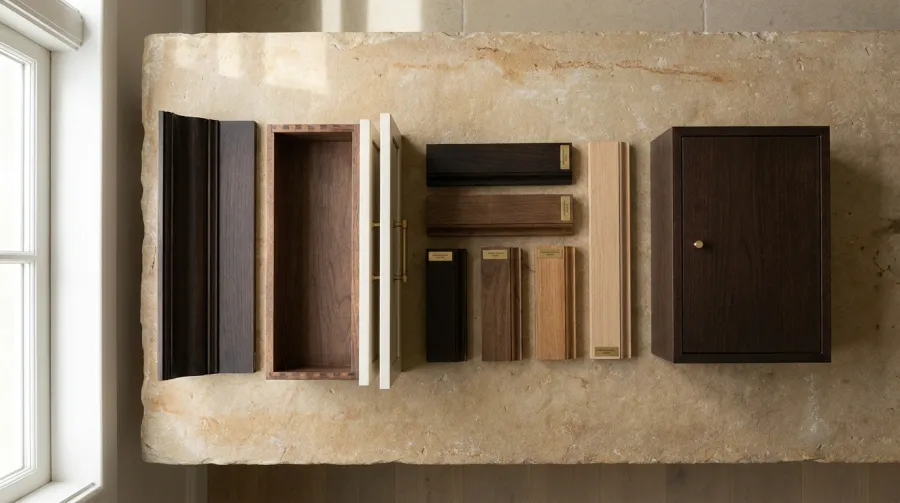 Flat lay of crown molding, a dovetail drawer, wood profiles and a cabinet box