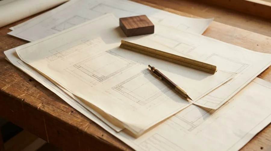 Architectural millwork shop drawings on a workbench with a scale ruler and walnut block