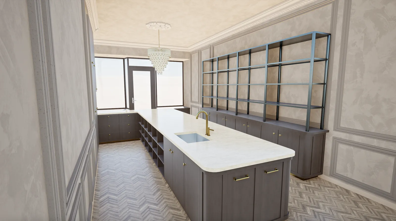 Photorealistic 3D rendering of a custom kitchen with island and shelving by Cano's Wood Interiors